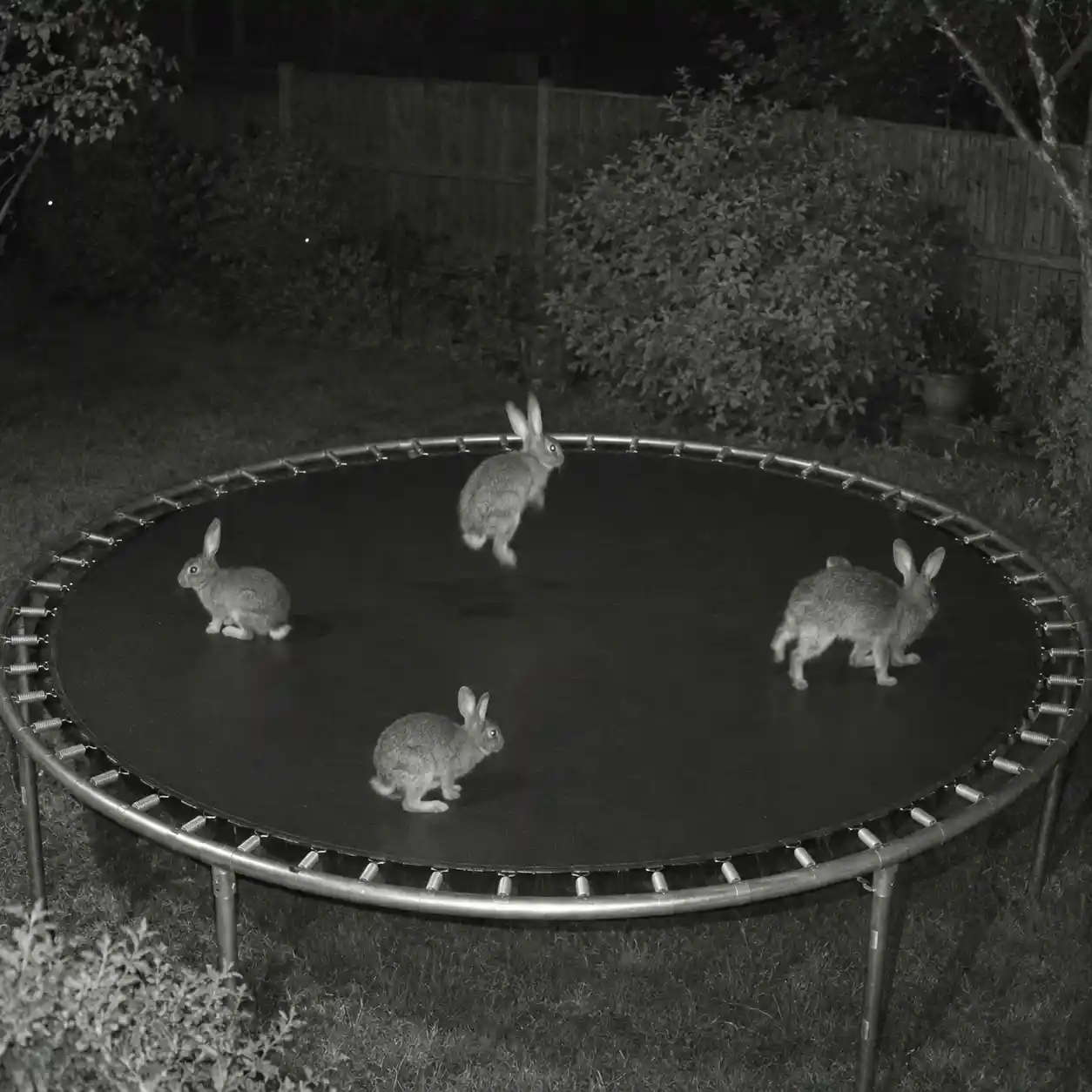 A nighttime backyard scene shows rabbits on a trampoline, providing an ai video checker example for examining unusual animal shapes and movement across consecutive frames.