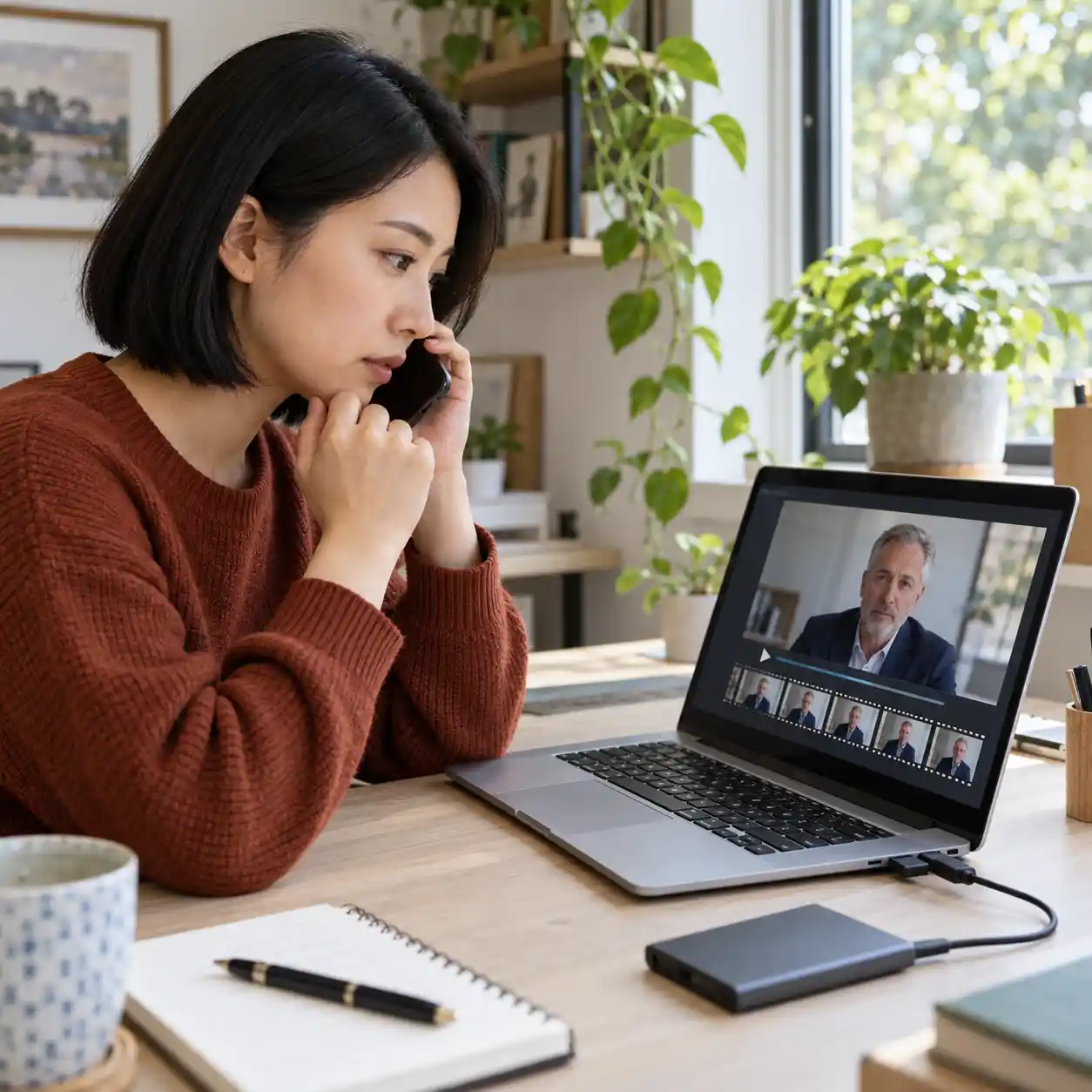 A woman reviews a recorded speaker on her laptop while making a separate phone call, illustrating how an ai video checker can accompany independent identity verification.