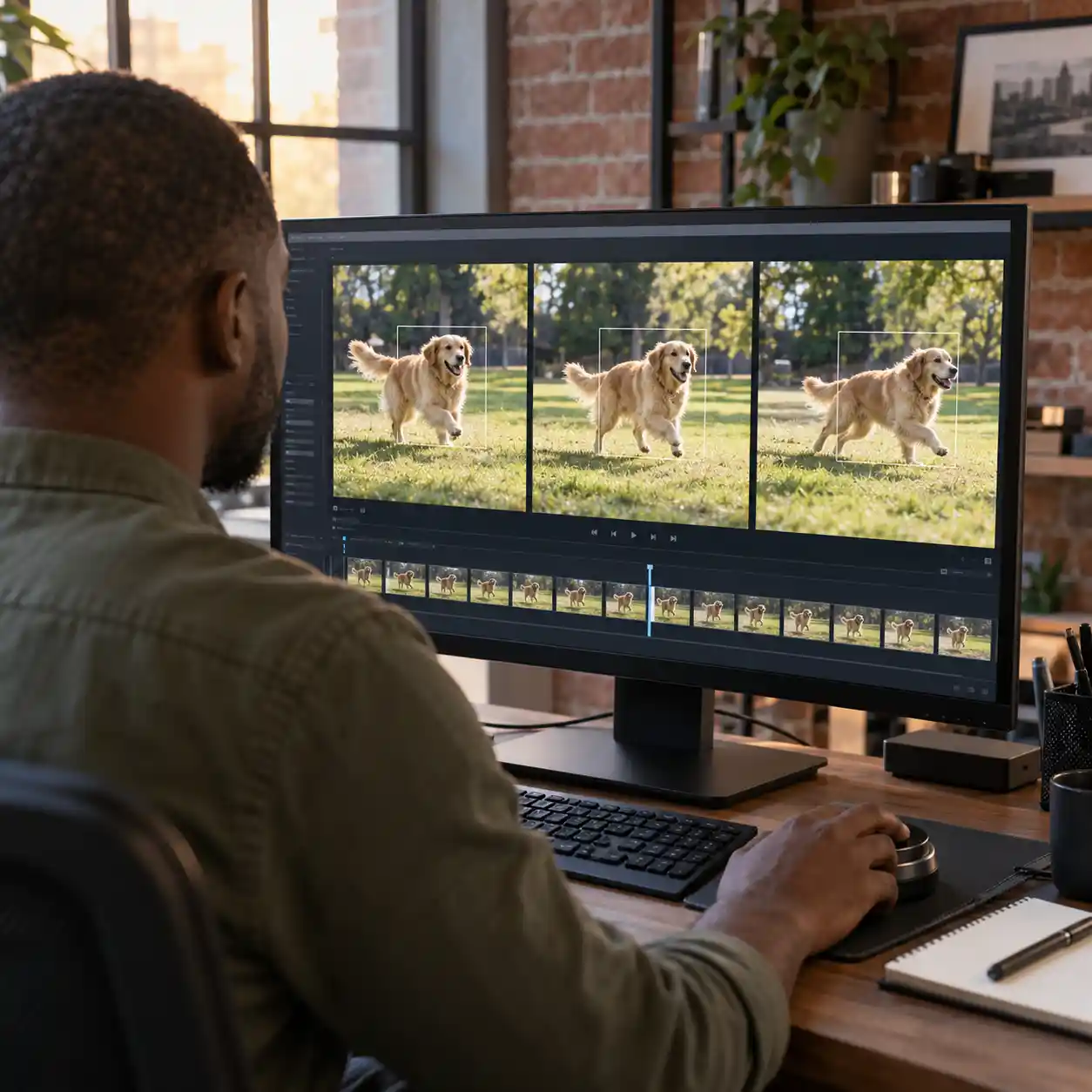 A reviewer compares three frames of a running golden retriever, using an ai video checker workflow to track consistent body shapes and continuous movement over time.