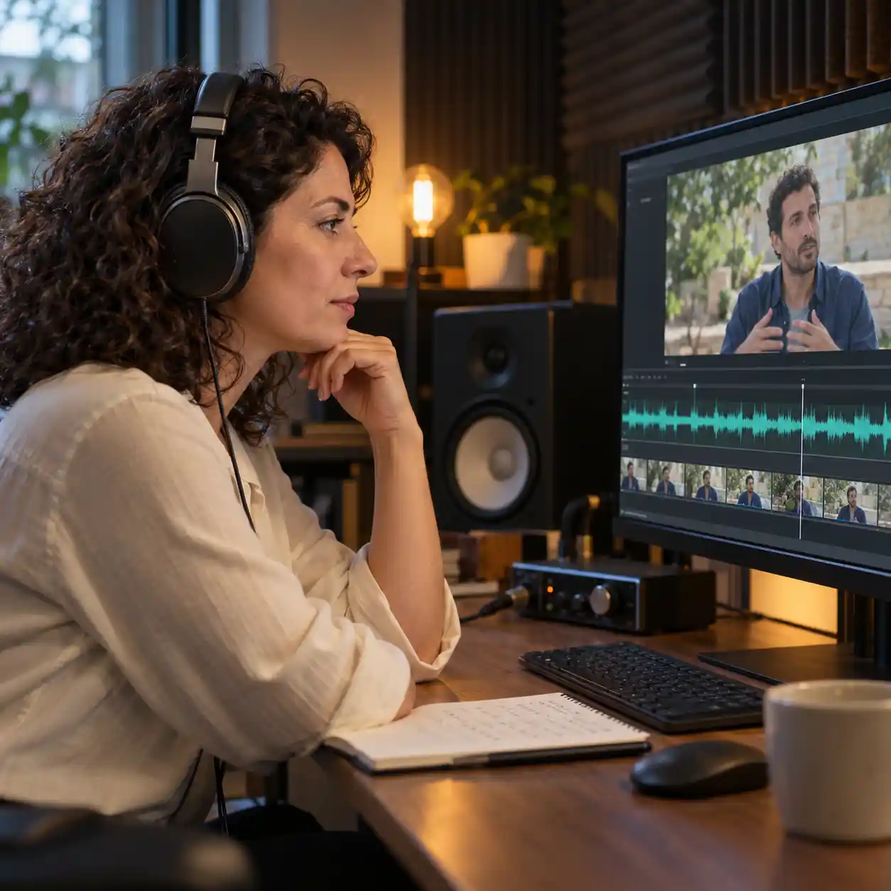 A woman wearing headphones studies a recorded interview and audio waveform, illustrating how an ai video checker review can compare speech timing with visual evidence.