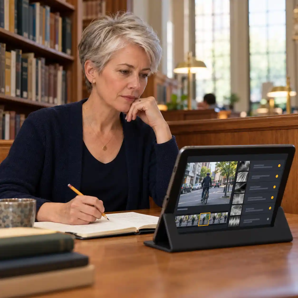 A woman takes notes beside a tablet displaying video frames and highlighted findings, showing how an ai video checker report supports closer inspection of suspicious footage.