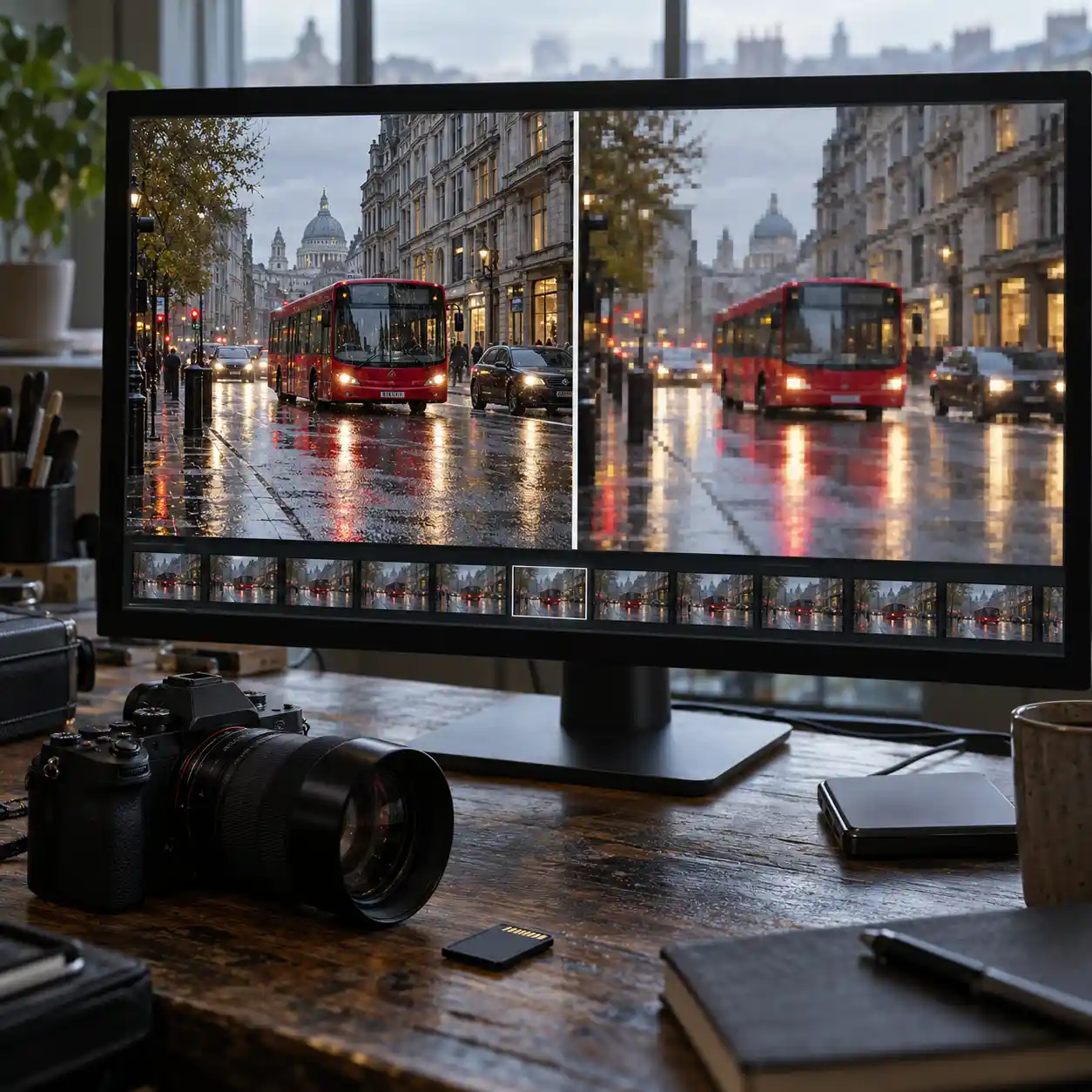 A monitor compares clear and compressed footage of a red bus on a rainy street, illustrating image quality differences that can complicate an ai video checker assessment.