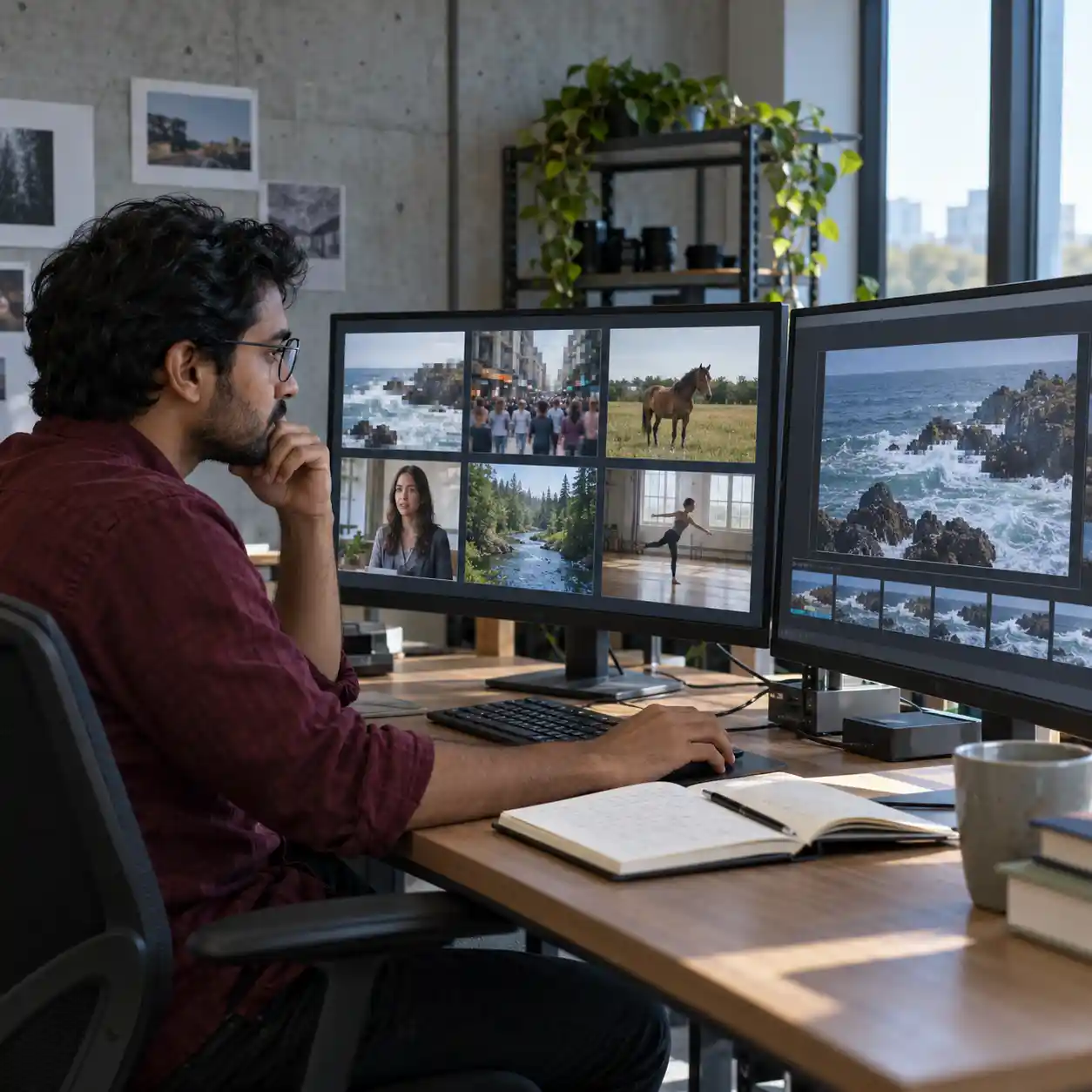 A reviewer studies varied video scenes across two monitors, illustrating why an ai video checker must account for unfamiliar content, degraded footage, and differences between generators.
