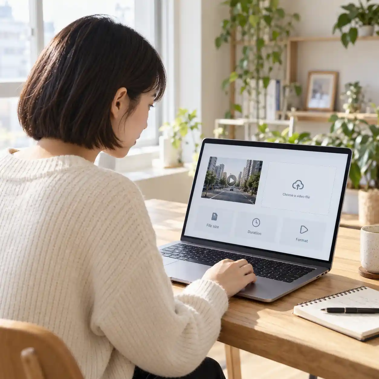 A woman reviews upload requirements on a laptop, illustrating how an ai video detector online free check depends on supported file formats, video duration, and file size limits.