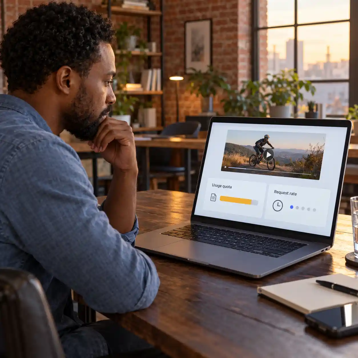 A man examines video usage quota and request rate indicators on his laptop, comparing separate capacity restrictions before starting an ai video detector online free assessment.