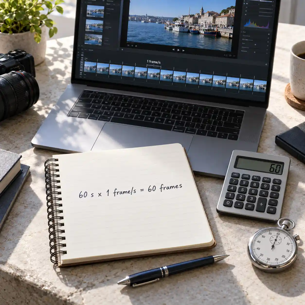 A laptop timeline, calculator, and handwritten calculation illustrate estimating sixty detection frames for a one minute clip when planning an ai video detector online free review.