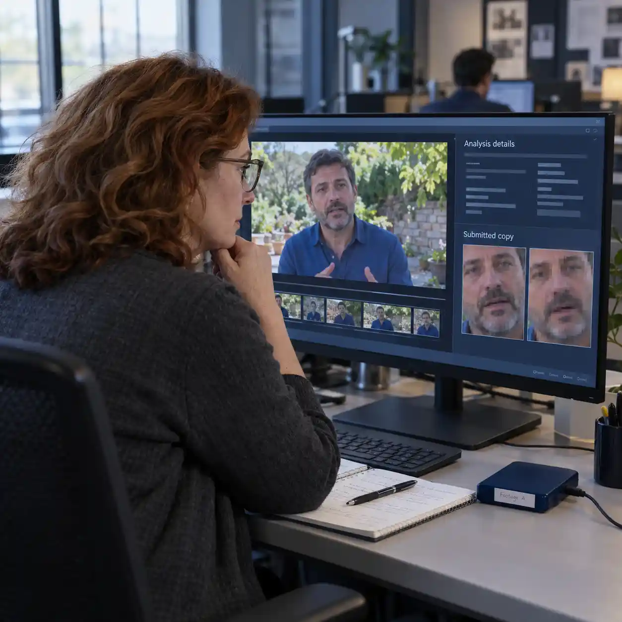 A reviewer studies analysis details and two versions of a recorded speaker, showing why an ai video detector online free report must account for submitted video quality.