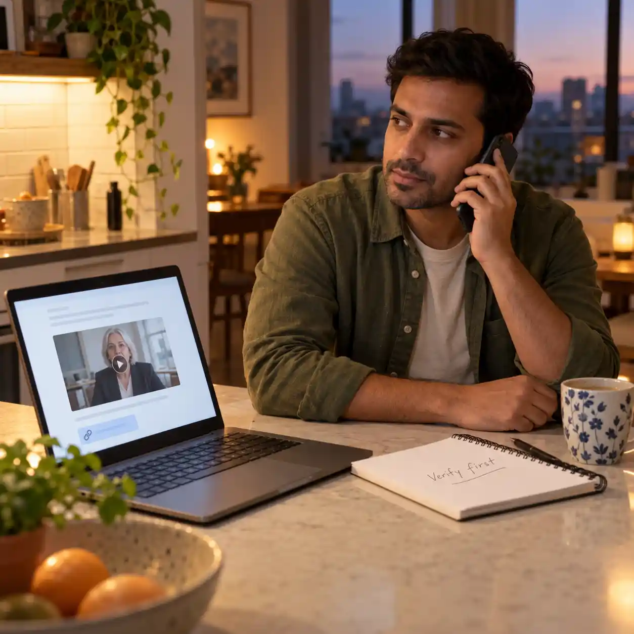 A man calls a trusted contact beside a laptop showing a video message, pairing an ai video detector online free review with independent identity verification before account changes.