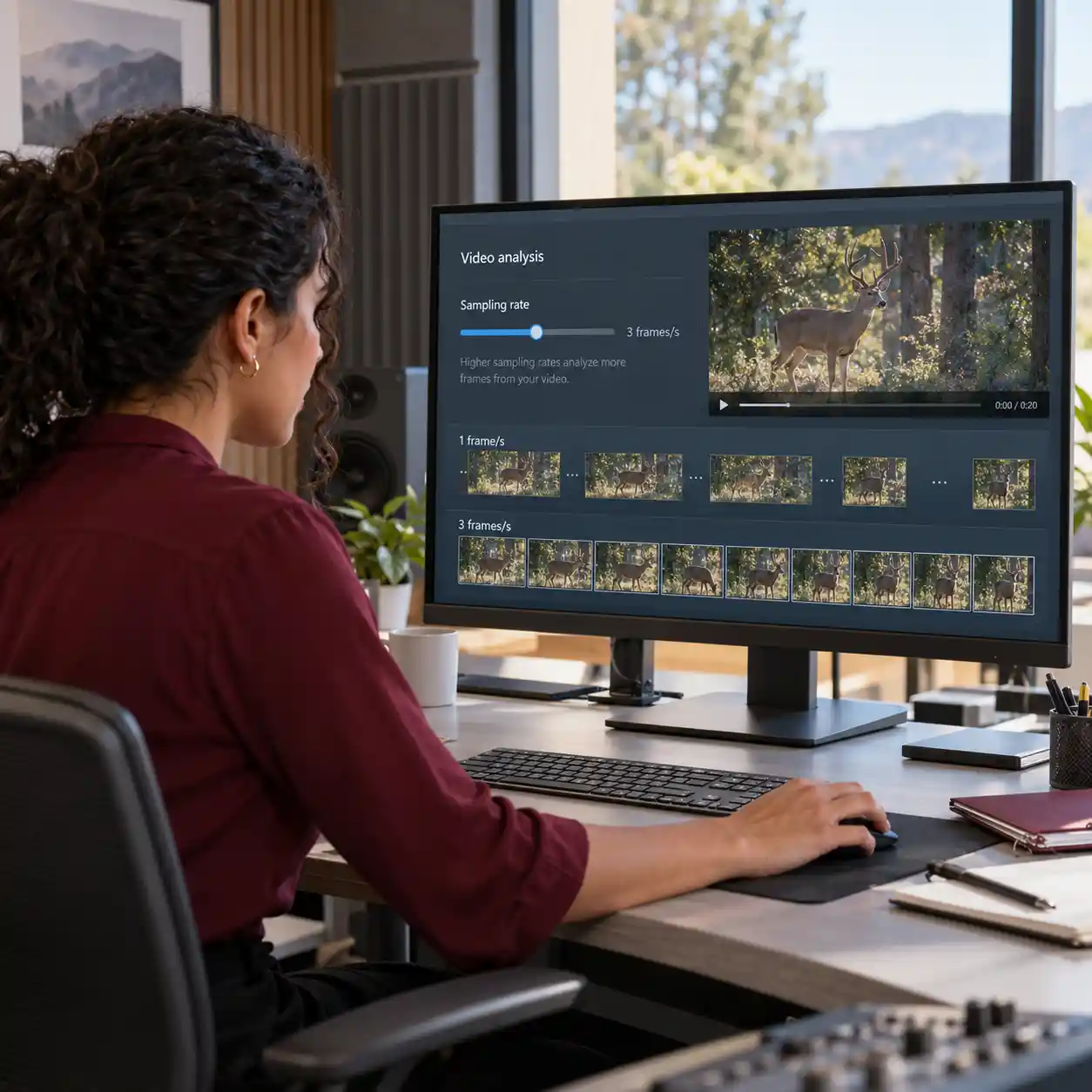 A woman compares sampled frames from wildlife footage at different rates, illustrating how adjustable sampling changes coverage and usage beyond an ai video detector online free allowance.
