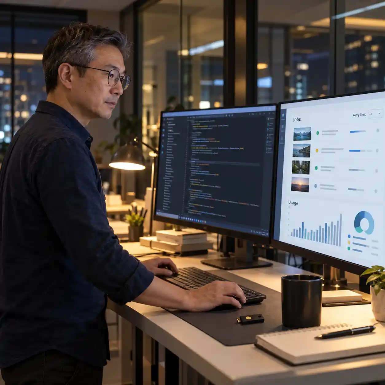 A developer monitors video processing jobs, usage charts, and retry limits across two screens while considering API integration after researching an ai video detector online free workflow.