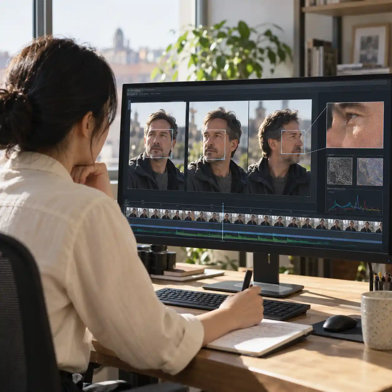 A reviewer studies consecutive frames of a recorded speaker on a desktop monitor, illustrating how an ai video detector examines facial details and movement across a complete clip.