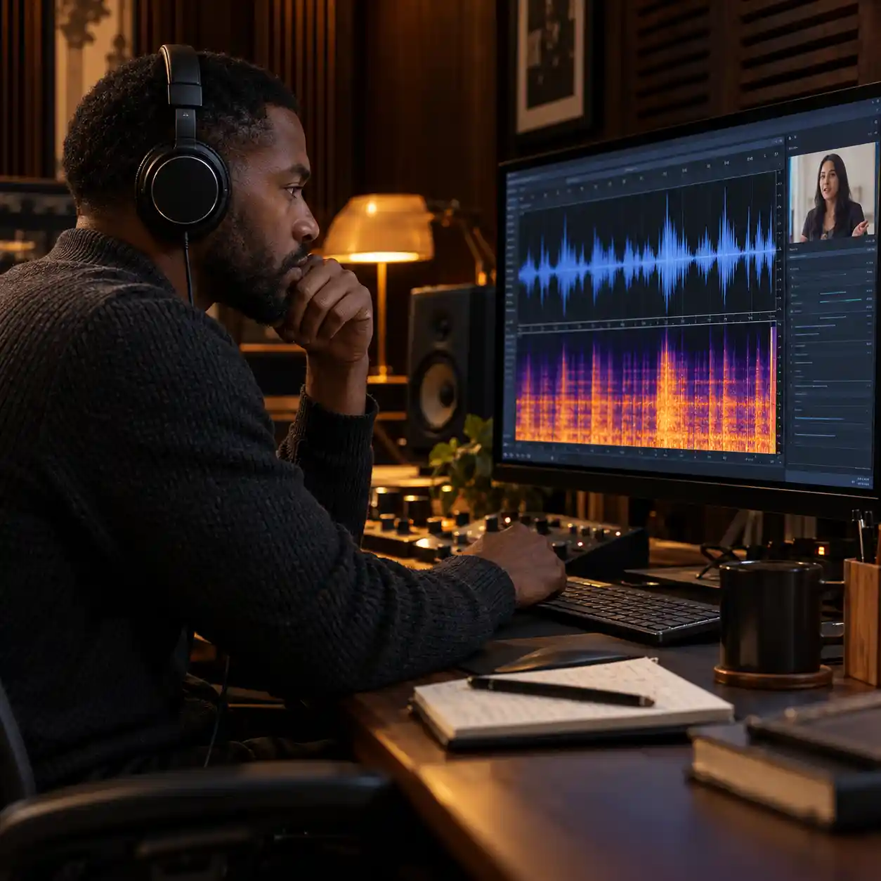 An audio analyst wearing headphones examines waveforms and frequency patterns on a monitor, showing how an ai video detector can investigate possible synthetic speech alongside visual evidence.