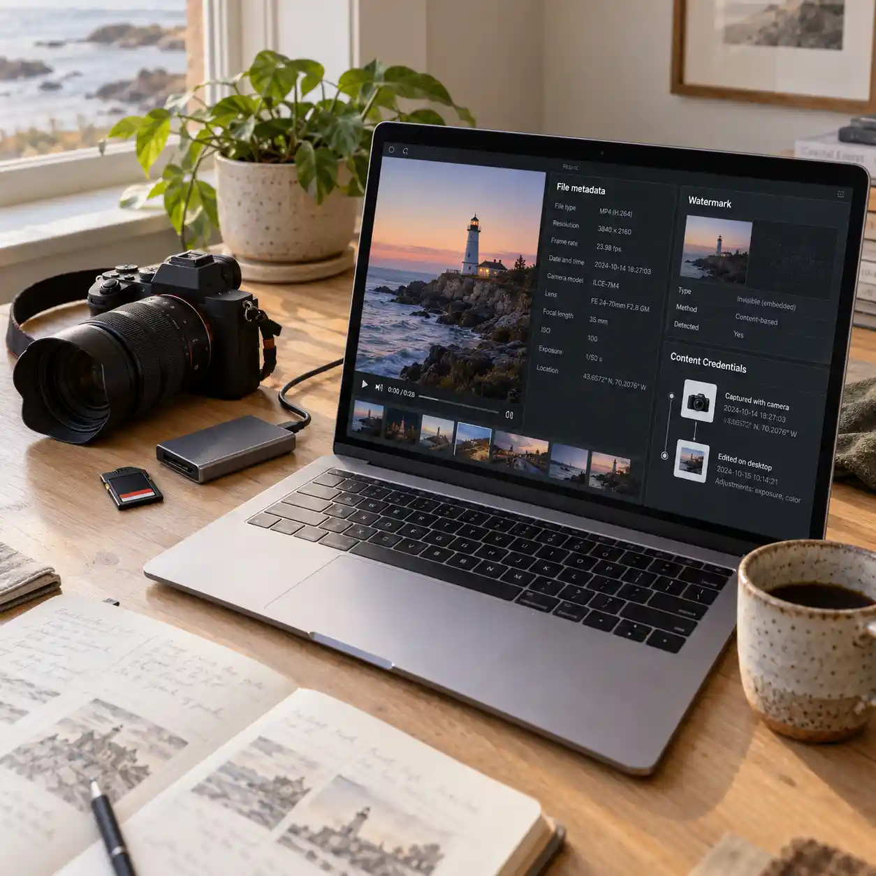 A laptop displays video editing information beside a camera and memory cards, illustrating metadata and file history checks that can support an ai video detector assessment.