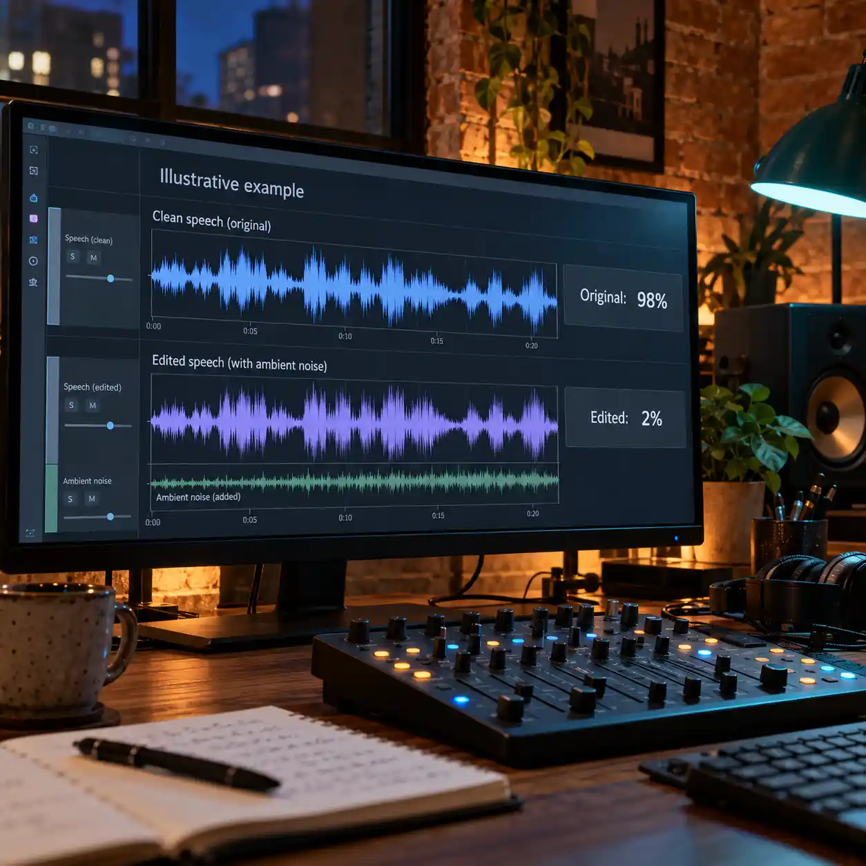 An editing workstation displays two audio waveforms with different reported scores, illustrating why an ai video detector result needs context about background sound and other processing changes.