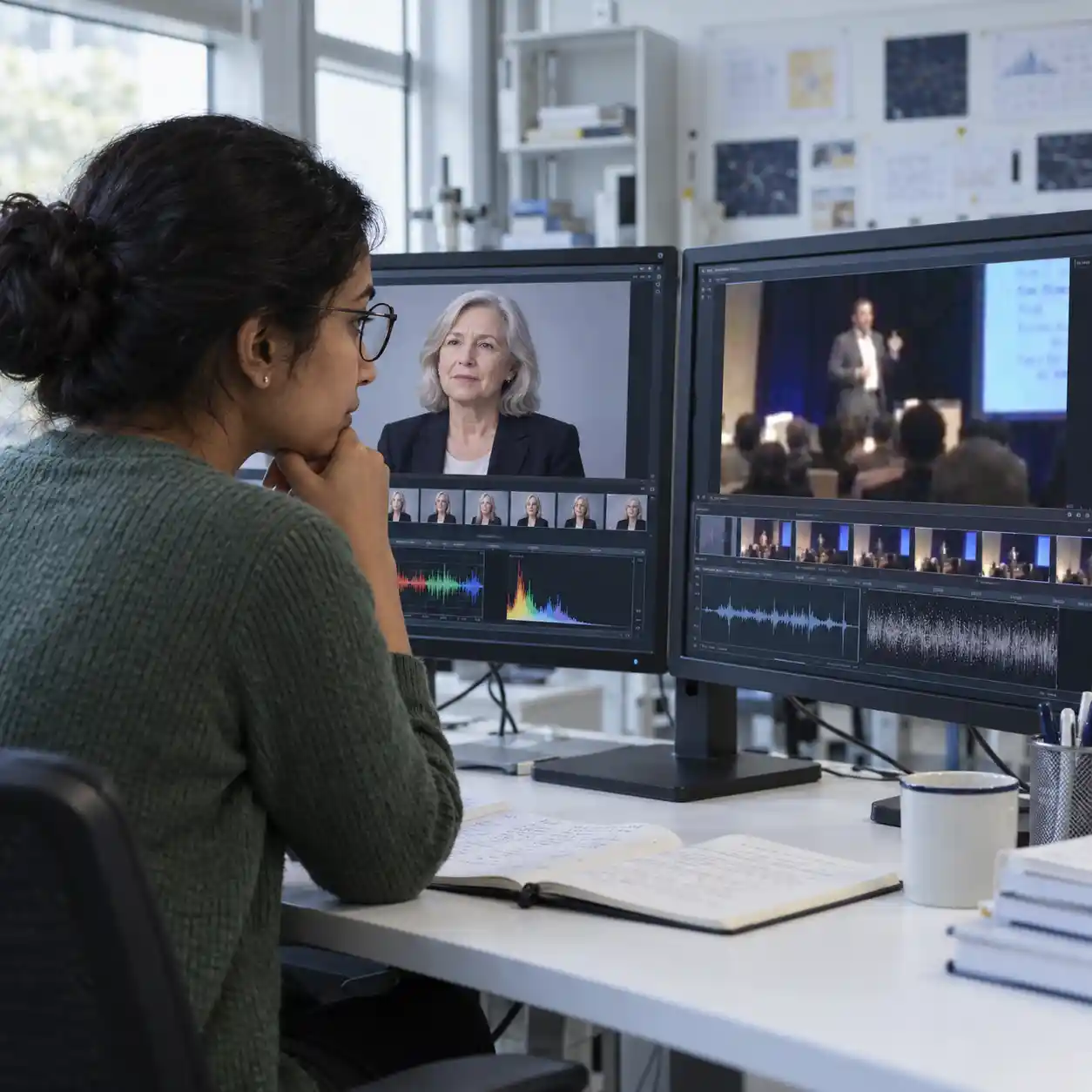 A reviewer compares interview and conference footage across two monitors, illustrating the need to investigate false positives before treating an ai video detector score as conclusive evidence.