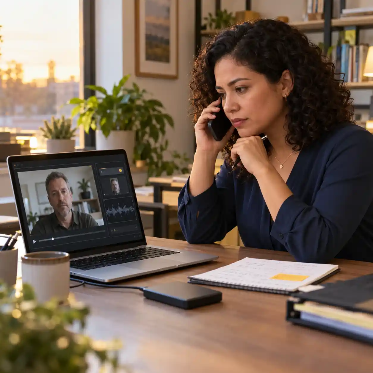 A woman calls a trusted contact while reviewing a video message on her laptop, demonstrating independent identity verification alongside an ai video detector during a security review.