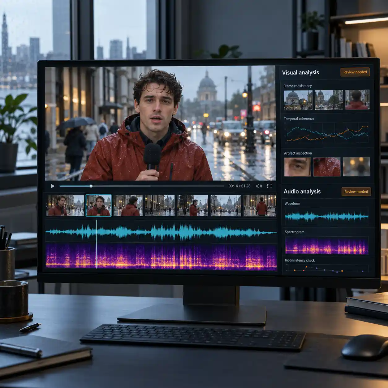A desktop monitor shows a recorded speaker with video frames and audio tracks, illustrating how an ai video detector can combine visual and sound evidence for further investigation.