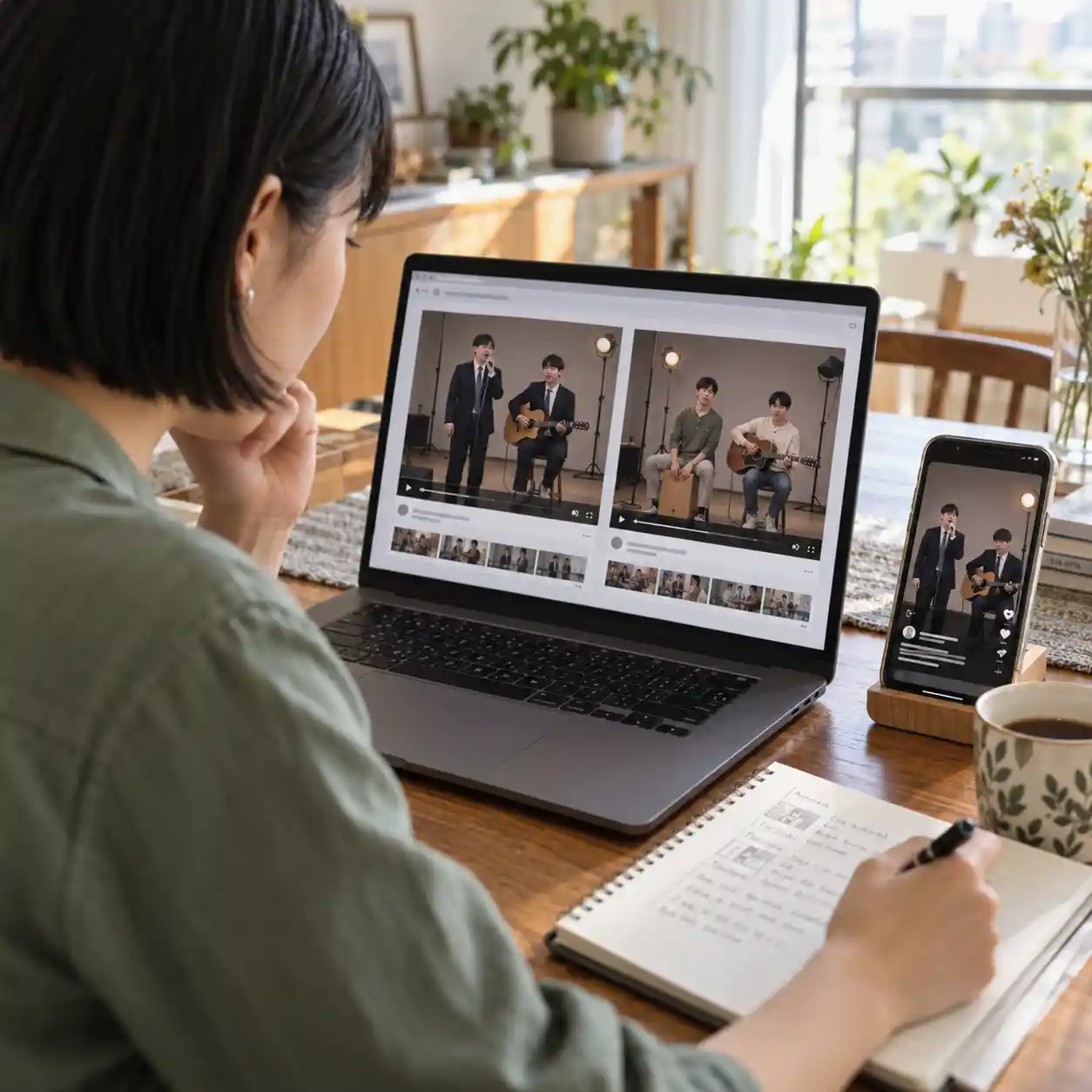 A viewer compares music performance clips on a laptop and phone while taking source notes to investigate is this video ai before sharing the footage online.