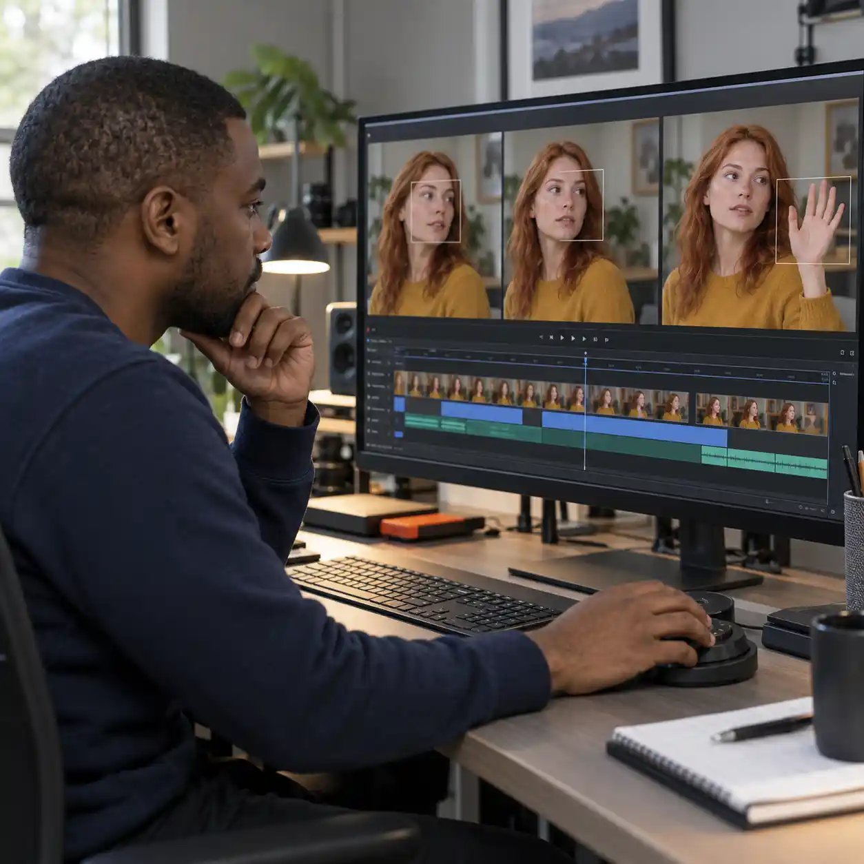 An editor examines consecutive video frames showing a woman turning and raising her hand, tracking facial outlines and movement to investigate is this video ai with contextual evidence.