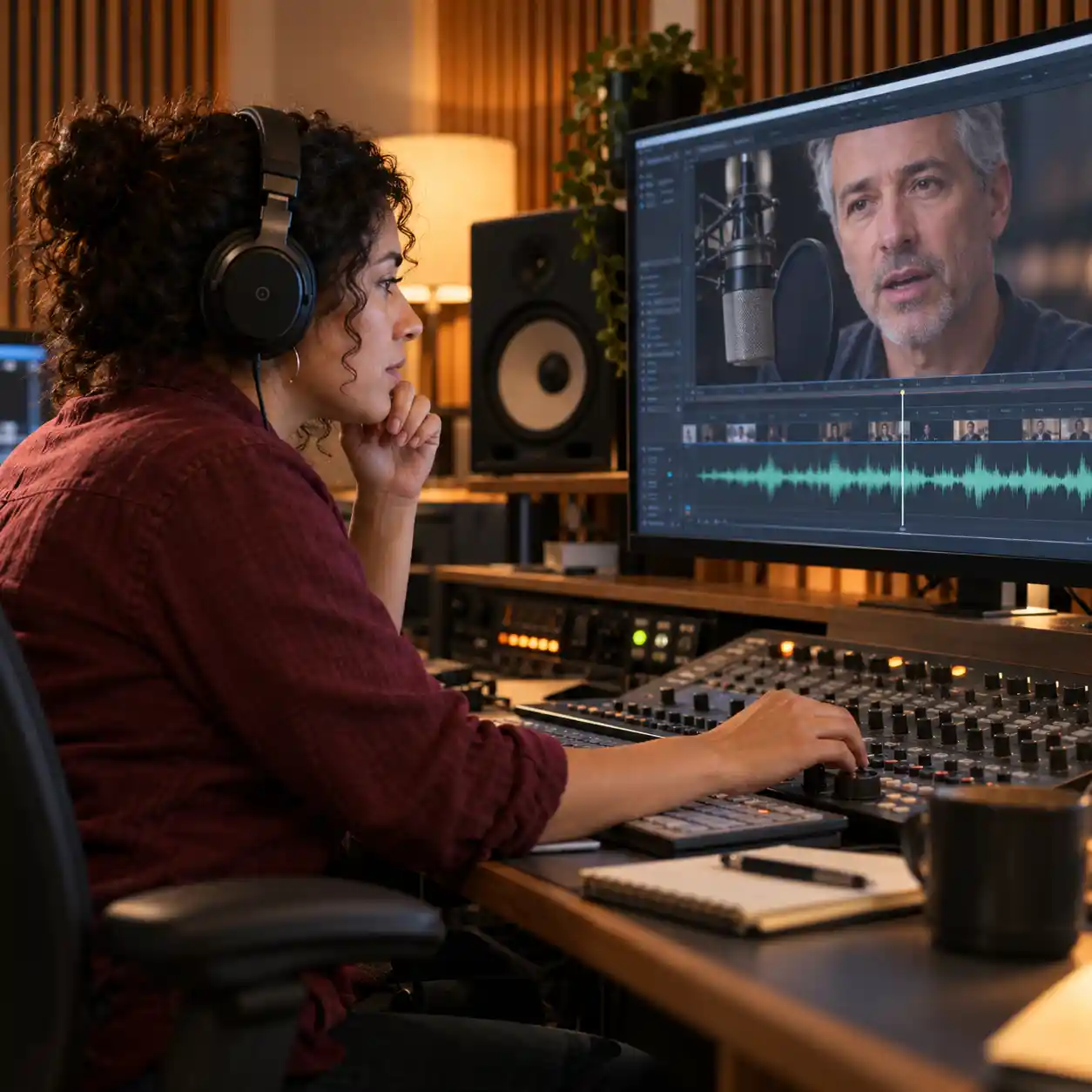 An audio reviewer wearing headphones compares a recorded speaker with a waveform and editing timeline, exploring is this video ai through speech timing and synchronized mouth movements.