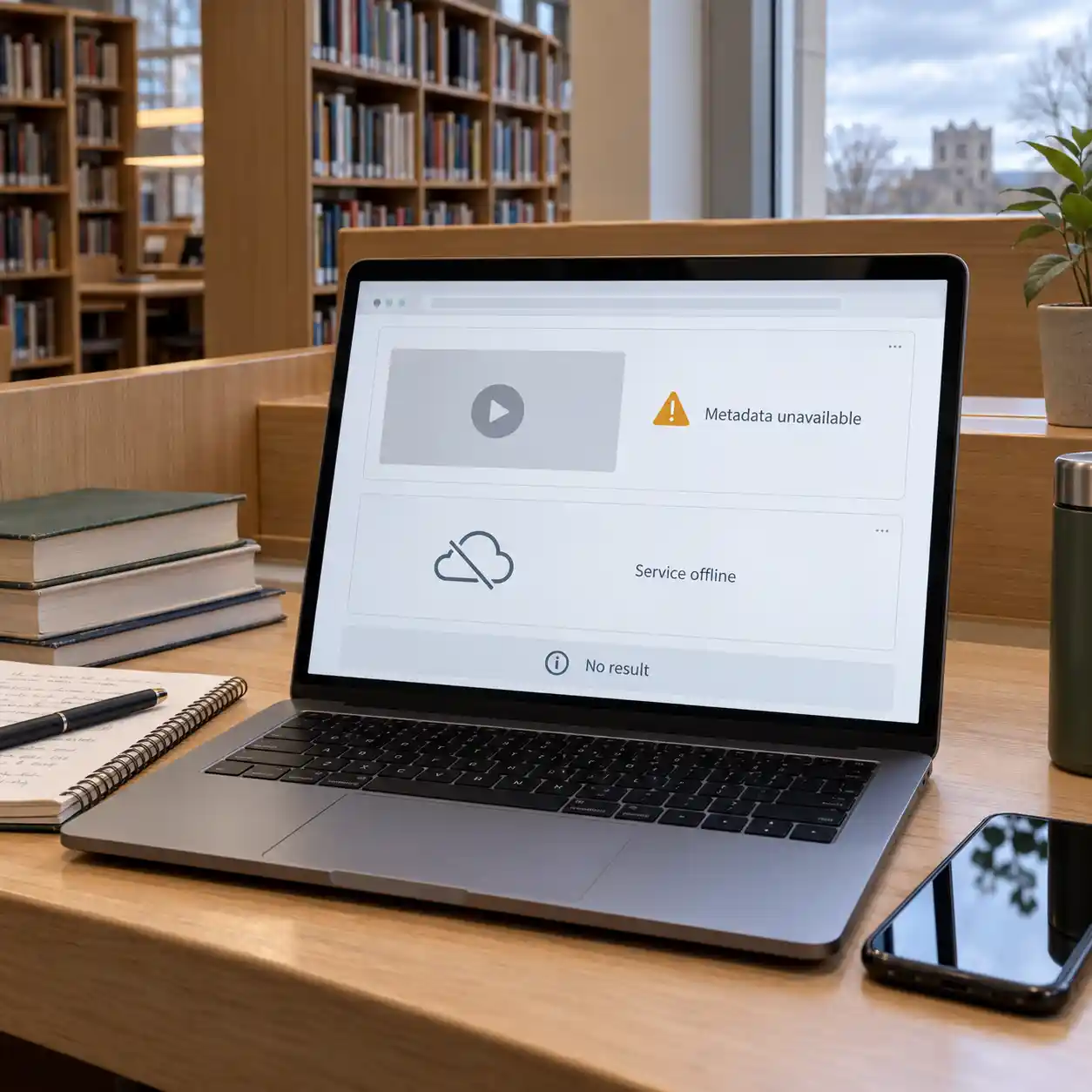 A laptop displays metadata unavailable and service offline messages without a detection result, illustrating why an incomplete is this video ai scan cannot establish video authenticity.