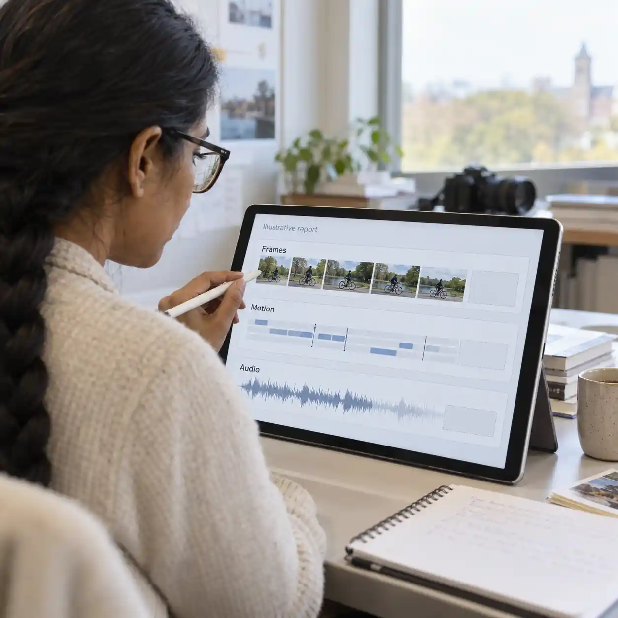 A reviewer studies an illustrative tablet report containing sampled frames, motion segments, and an audio waveform to understand the evidence behind an is this video ai assessment.