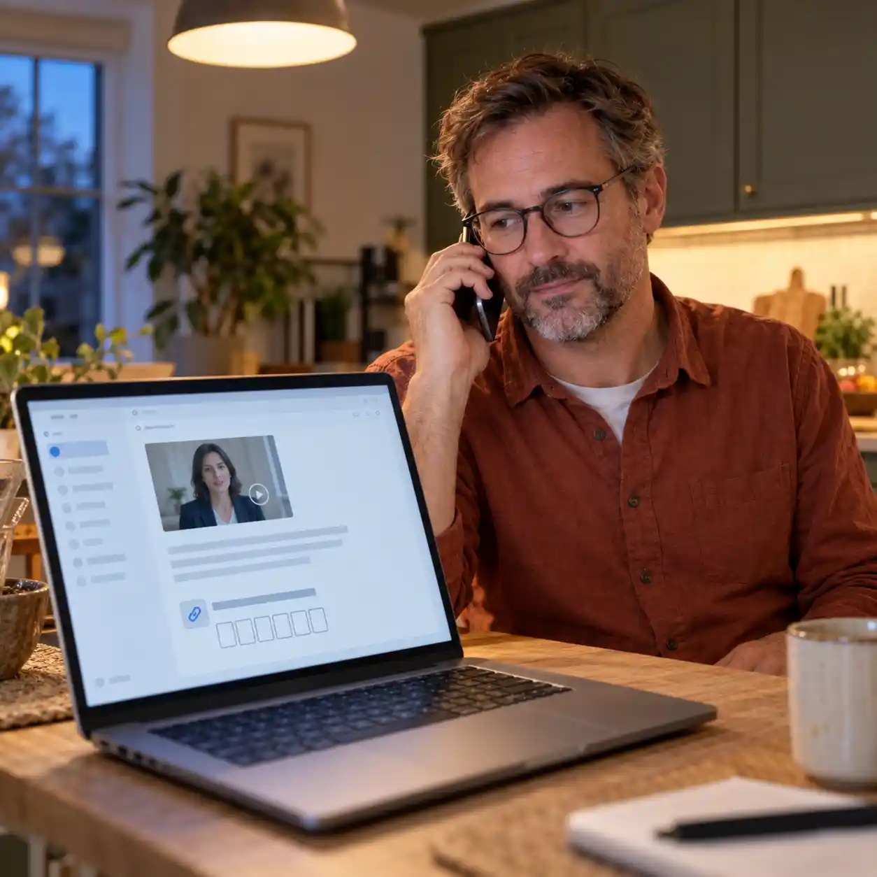 A man verifies a suspicious video message through a separate phone call, showing why an is this video ai investigation should accompany independent confirmation of sensitive account requests.