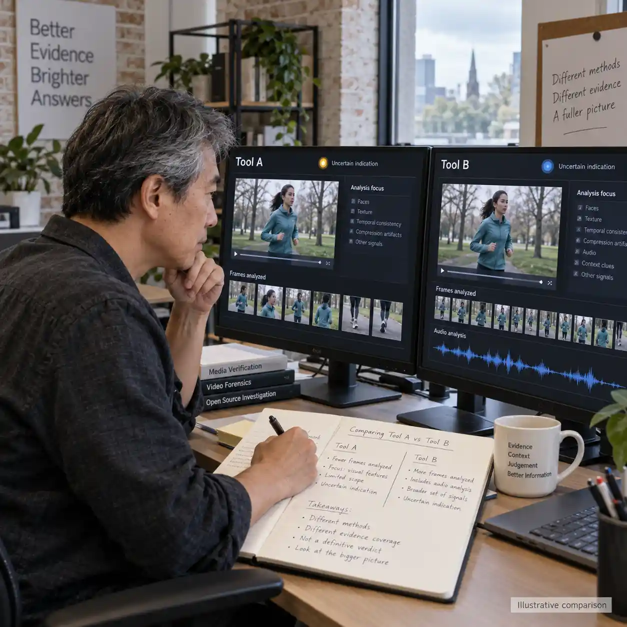 A reviewer compares two illustrative detection reports across monitors, noting differences in frame coverage, audio analysis, and uncertainty when investigating is this video ai with multiple tools.