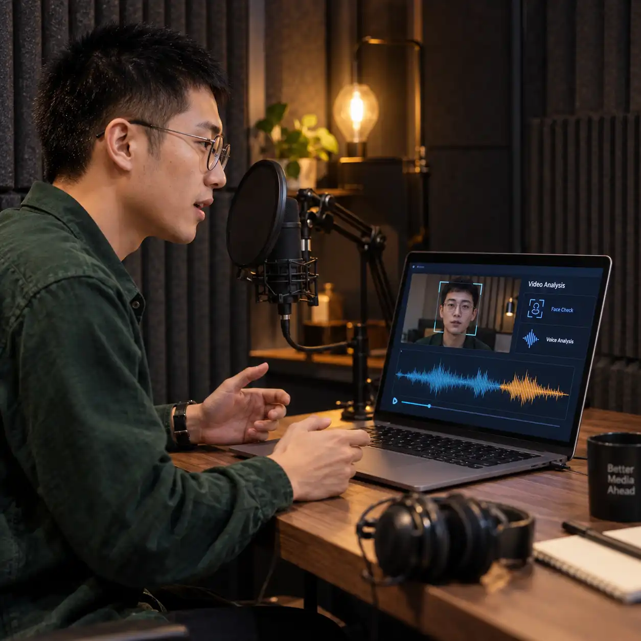 A man speaks into a studio microphone beside a laptop displaying face checks and voice analysis, illustrating how an ai video detector examines both visual frames and speech clues.