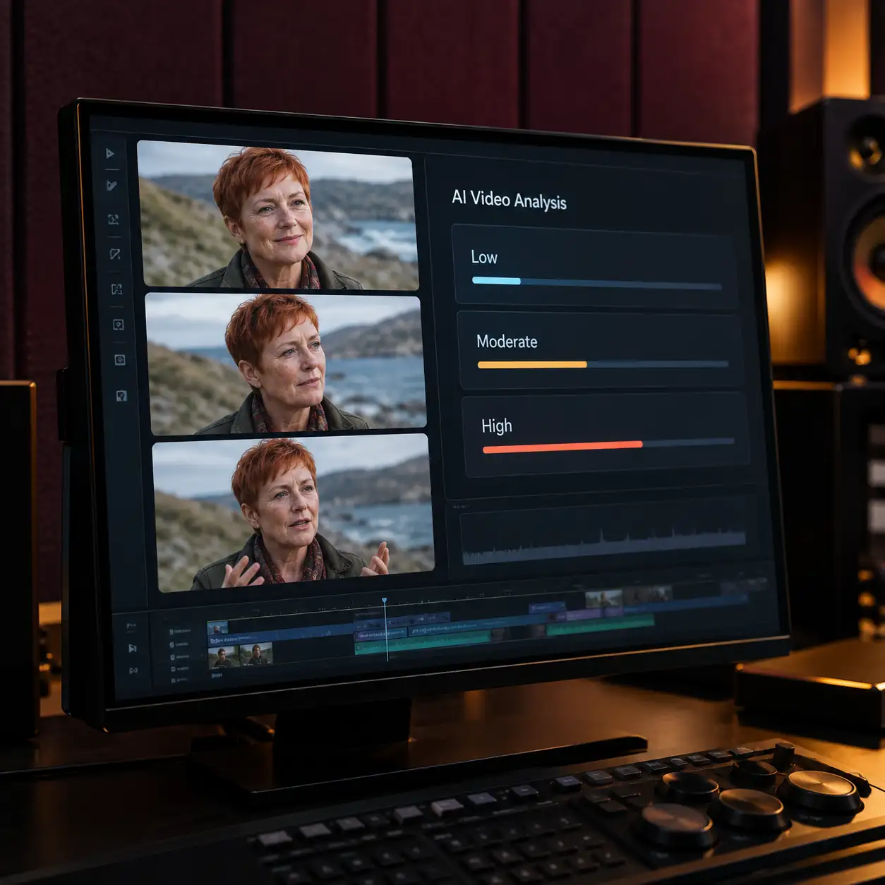 A desktop monitor shows three video frames of a woman alongside low, moderate, and high suspicion indicators, illustrating how an ai video detector presents different levels of uncertainty.