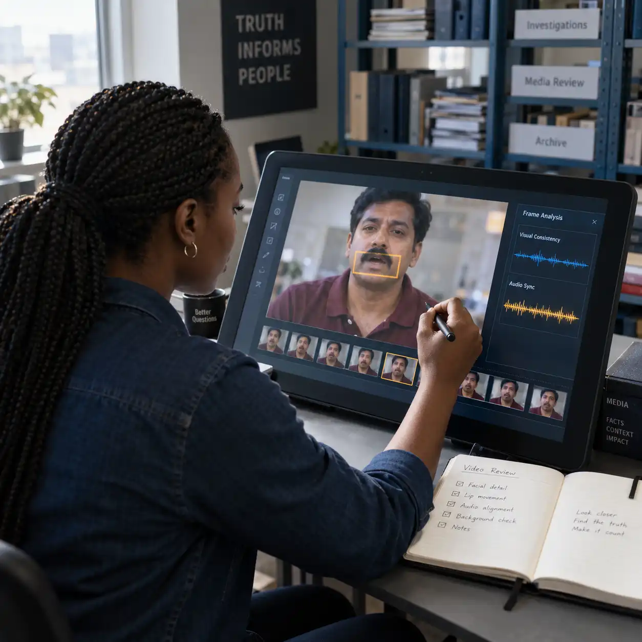 A reviewer studies a highlighted facial detail, sampled frames, and audio waveforms on a large screen, illustrating how an ai video detector helps guide closer examination of suspicious recordings.