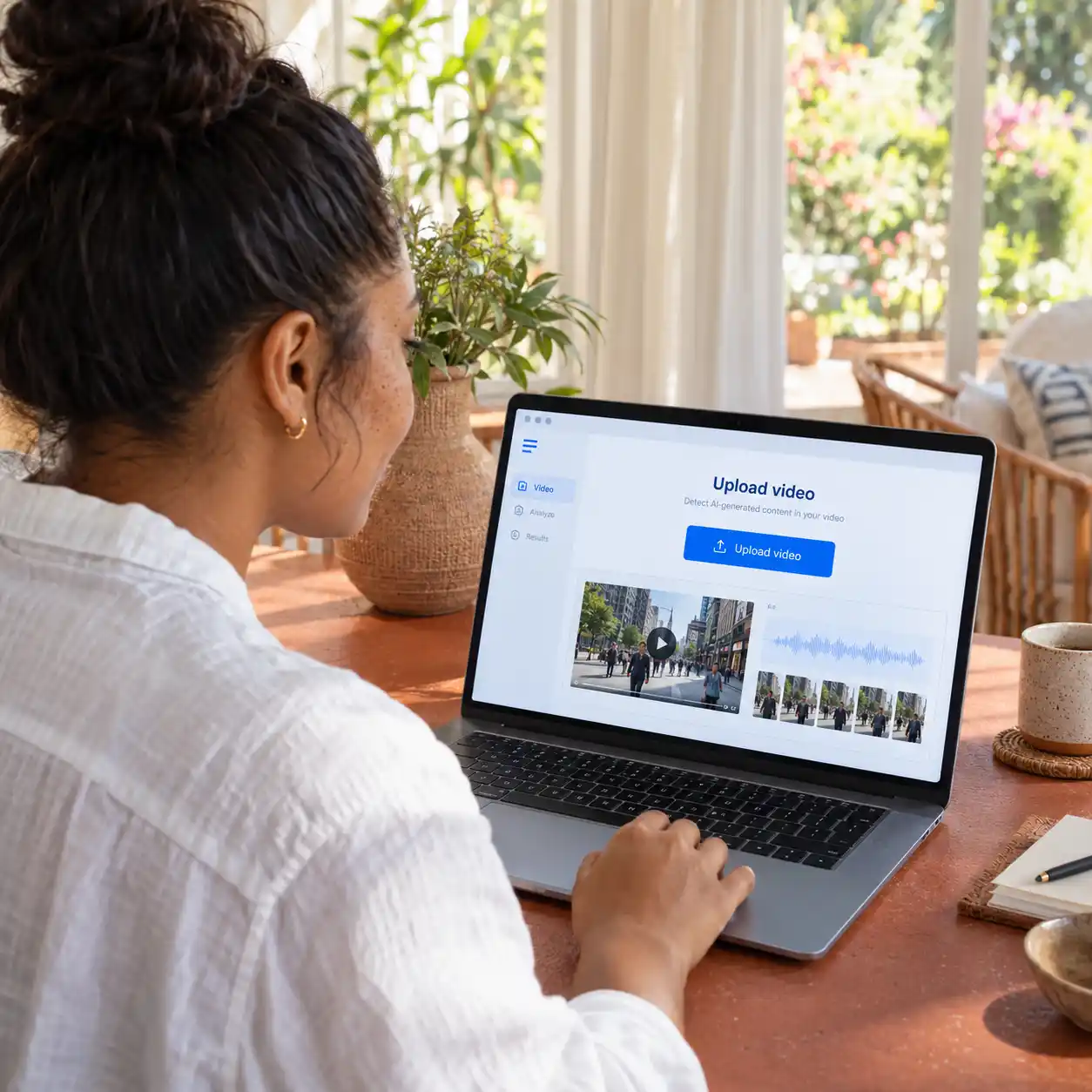 A person sits beside a window with a laptop showing a video upload interface and sample thumbnails, illustrating how to begin an ai video detector review of visual and voice clues.